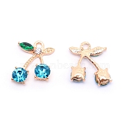 Alloy Rhinestone Pendants, Cadmium Free & Lead Free, Cherry, Light Gold, Blue Zircon, 19x15x5mm, Hole: 2mm(ALRI-TAC0002-06B-RS)