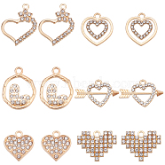 SUPERFINDINGS 48Pcs 6 Style Alloy Pendants, with Crystal Rhinestone, Cadmium Free & Nickel Free & Lead Free, Light Gold, Heart, Crystal, 15.5~26x15~24x2~2.5mm, Hole: 1.6~2mm, 8pcs/style(FIND-FH0004-12)