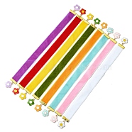 Flower Alloy Enamel Pendant Bookmarks, Velvet Ribbon Bookmark, Mixed Color, 305x19mm, 8 colors, 1pc/color, 8pcs/set(AJEW-JK00231)