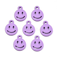 Spray Painted Alloy Charms, Cadmium Free & Lead Free, Flat Round with Smiling Face, Medium Orchid, 12.5x9.5x1.5mm, Hole: 1.5mm(X-PALLOY-T075-121B-RS)