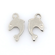 201 Stainless Steel Fish Charms, Dolphin Pendants, Stainless Steel Color, 12x8x1mm, Hole: 1mm(STAS-J014-13)