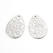 201 Stainless Steel Pendants, Textured, teardrop, with Floral Pattern , Stainless Steel Color, 24x16x0.8mm, Hole: 1mm(X-STAS-S054-02)