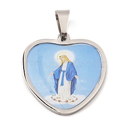 304 Stainless Steel Pendants, with Enamel, Heart with Saint Charm, Religion, Stainless Steel Color, 31x29x2mm, Hole: 9x5.5mm(STAS-H182-11A-P)