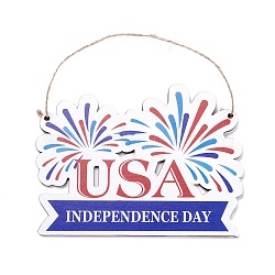 Independence Day Density Board Wooden Wall Ornament Doorplate Pendants, Fireworks & Word USA with Jute Twine, for Home Garden Hanging Decoration, Medium Blue, 126x170x4mm, Hole: 4mm(HJEW-C004-09)