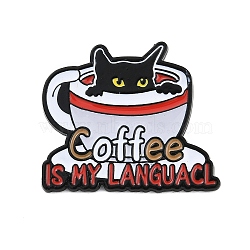 Cat with Coffee & Word Coffee Is My Language Enamel Pins, Alloy Brooches for Backpack Clothes, Mixed Color, 28.5x34mm(JEWB-Q014-12A)