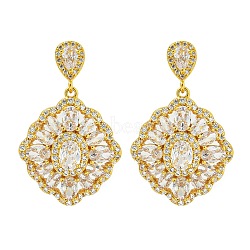 Brass Micro Pave Cubic Zirconia Dangle Stud Earrings, Flower, Platinum, Clear, 38.5x24.5mm(EJEW-H014-01G-01)