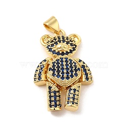 Brass Micro Pave Cubic Zirconia Pendants, Bear Charm, Mechanical Charm, Golden, Prussian Blue, 26.5x18x7mm, Hole: 4x3mm(KK-E077-01G-06)