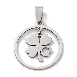 201 Stainless Steel Pendants, Ring with Clover Charm, Laser Cut, Anti-Tarnish, Stainless Steel Color, 27x25x1mm, Hole: 7x4mm(STAS-Q342-04P)