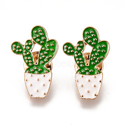 Alloy Enamel Brooches, Enamel Pin, with Brass Butterfly Clutches, Cactus, Light Gold, Cadmium Free & Nickel Free & Lead Free, Green, 28.5x19x2mm, Pin: 1mm(JEWB-N006-029-NR)