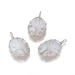 Opalite Pendants, with Brass Findings, Oval with Tree, Platinum, 43.5x26x9mm, Hole: 5.5x4mm(G-K296-A03-P)