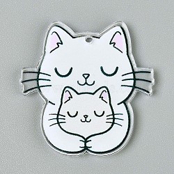 Printed Acrylic Pendants, Cat Shape Charms, White, 39.5x38x2.5mm, Hole: 2mm(SACR-F005-01D-01)