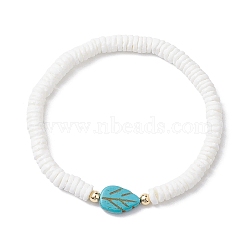 Natutal White Sea Shell Disc Beaded Stretch Bracelets, Leaf Synthetic Dyed Turquoise & Brass Bracelets for Women Men, Gold, Inner Diameter: 2-1/4 inch(5.8cm)(BJEW-JB10551-01)