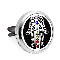 Chakra Flat Round Alloy Rhinestone Car Air Vent Clips, Diffuser Locket Clip with Magnetic Lid, For Automobiles Accessories, Palm, 30mm(AUTO-PW0001-05A)