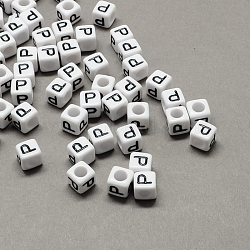 Large Hole Acrylic Letter European Beads, Horizontal Hole, White & Black, Cube with Letter.P, 10x10x10mm, Hole: 4mm, about 564pcs/500g(SACR-Q103-10mm-01P)