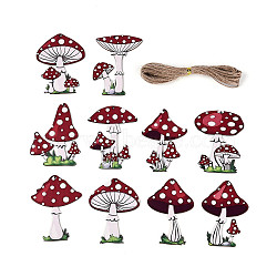 20Pcs UV Single Face Printed Wood Mushroom Pendant Decorations, Jute Rope Hanging Decorations, Laser Cut Wood Shapes, Mixed Color, 79~80x54~60x2mm, Hole: 2.5~2.8mm(WOOD-N020-12)