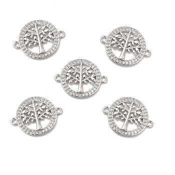 Brass Micro Pave Clear Cubic Zirconia Connector Charms, Flat Round Links with Tree of Life, Platinum, 22x17x2.5mm, Hole: 1.5mm