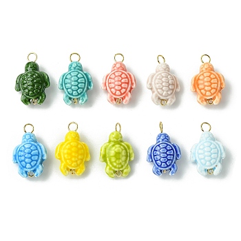 Handmade Procelain Pendants, with Golden Tone Iron Loop, Turtles, Mixed Color, 24x15x8.5mm, Hole: 3mm