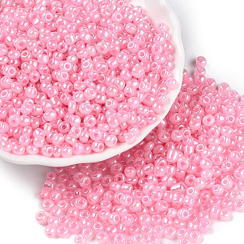 Glass Seed Beads, Ceylon, Round, Pink, 4mm, Hole: 1.5mm, about 4500pcs/pound