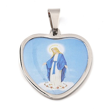 304 Stainless Steel Pendants, with Enamel, Heart with Saint Charm, Religion, Stainless Steel Color, 31x29x2mm, Hole: 9x5.5mm