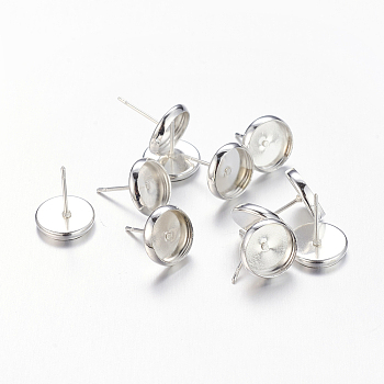 Silver Color Plated Brass Earring Settings, Cadmium Free & Lead Free & Nickel Free, about 10mm wide, 12mm long, Tray: 8mm, Pin: 1mm