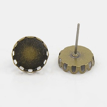 Brass Ear Studs, Antique Bronze, Size: about 14mm long, flat round: about 10mm inner diameter, pin: about 0.7mm thick