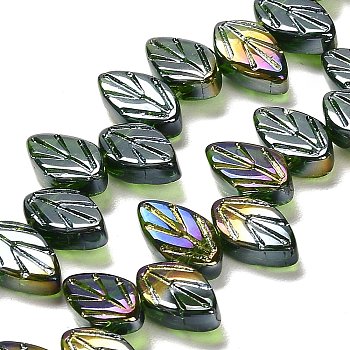 Electroplate Glass Beads Strands, Leaf, Dark Olive Green, 11x7x4mm, Hole: 0.8mm, about 78~80pcs/strand, 18.66~18.74''(47.4~47.6cm)