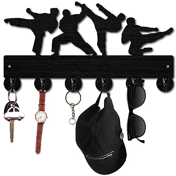 Black Wood & Iron Wall Mounted Hook Hangers, Decorative Organizer Rack, with 2Pcs Screws & 1Pc Screwdriver, 6 Hooks for Bag Clothes Key Scarf Hanging Holder, Human, 300x160x7mm, Hole: 5mm