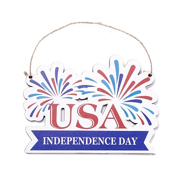 Independence Day Density Board Wooden Wall Ornament Doorplate Pendants, Fireworks & Word USA with Jute Twine, for Home Garden Hanging Decoration, Medium Blue, 126x170x4mm, Hole: 4mm
