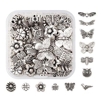 48Pcs 12 Style Tibetan Style Alloy Beads, Mixed Shapes, Antique Silver, 4pcs/style