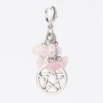 Natural Rose Quartz Chips Pendants, with Flat Round with Pentagram Pendants and Brass Lobster Claw Clasps, 46x17x8mm