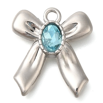 Rack Plating Alloy Pendants, with Rhinestone, Bowknot, Pale Turquoise, 20x18x4mm, Hole: 2mm