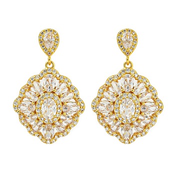 Brass Micro Pave Cubic Zirconia Dangle Stud Earrings, Flower, Platinum, Clear, 38.5x24.5mm