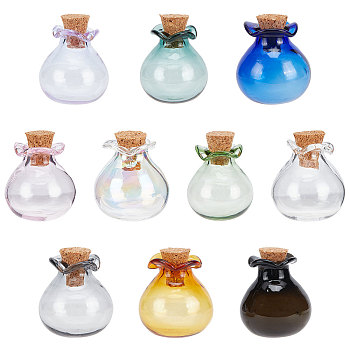 Elite 10Pcs 10 Colors Lucky Bag Shape Glass Cork Bottles Ornament, Glass Empty Wishing Bottles, DIY Vials for Pendant Decorations, Mixed Color, 2.5cm, 1pc/color