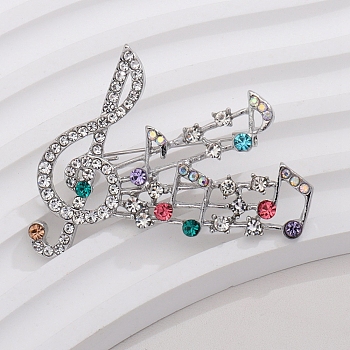 Musical Note Rhinestone Lapel Pin, Platinum Alloy Brooch for Backpack Clothes, Colorful, 31x48mm