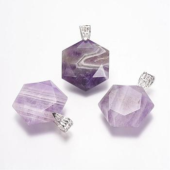 Natural Amethyst Gemstone Pendants, Faceted, Hexagram, Platinum, 41x28x9mm, Hole: 5x9mm