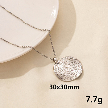 Vintage Stainless Steel Geometric Flat Round Pendant Necklace for Women