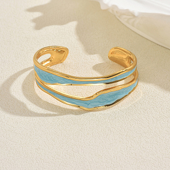 Vintage Stainless Steel Open Cuff Bangles for Women, with Enamel, Golden, Sky Blue, Inner Diameter: 2-3/8 inch(6cm)