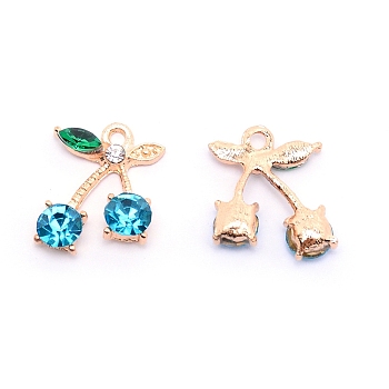 Alloy Rhinestone Pendants, Cadmium Free & Lead Free, Cherry, Light Gold, Blue Zircon, 19x15x5mm, Hole: 2mm