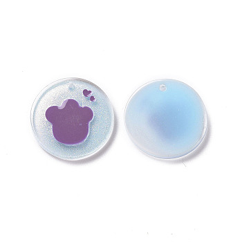 Acrylic Pendants, with Enamel and Glitter Powder, Flat Round with Paw Print Pattern, Light Blue, 19.5x2mm, Hole: 1.5mm