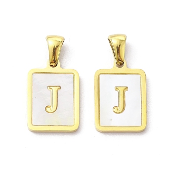 Ion Plating(IP) 304 Stainless Steel Pave Shell Pendants, Rectangle Charm, Real 18K Gold Plated, Letter J, 17.5x12x1.5mm, Hole: 3x5mm