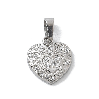 Ion Plating(IP) 304 Stainless Steel Micro Pave Cubic Zirconia Pendants, Heart Charms, Stainless Steel Color, 12x10.5x2mm, Hole: 4x2.5mm