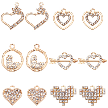SUPERFINDINGS 48Pcs 6 Style Alloy Pendants, with Crystal Rhinestone, Cadmium Free & Nickel Free & Lead Free, Light Gold, Heart, Crystal, 15.5~26x15~24x2~2.5mm, Hole: 1.6~2mm, 8pcs/style