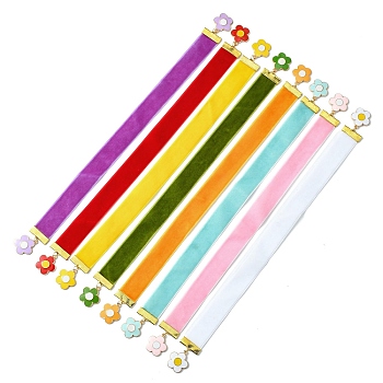 Flower Alloy Enamel Pendant Bookmarks, Velvet Ribbon Bookmark, Mixed Color, 305x19mm, 8 colors, 1pc/color, 8pcs/set