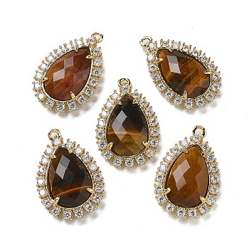 Natural Tiger Eye Faceted Teardrop Pendants, Rack Plating Brass Micro Pave Clear Cubic Zirconia Drop Charms, Golden, 25x16.5x5.5mm, Hole: 1.4mm