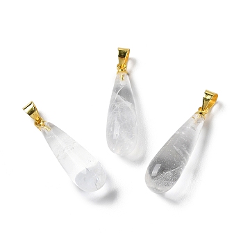 Natural Quartz Crystal Teardrop Pendants, Rock Crystal, with Ion Plating(IP) Golden Plated Brass Findings, 26.5x7.5mm, Hole: 4.3x3.5mm