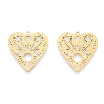 201 Stainless Steel Pendants, Laser Cut, Hollow Heart with Moon, Real 18K Gold Plated, 30x28.5x1mm, Hole: 1.6mm