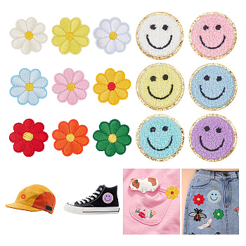 Flat Round with Smiling Face & Daisy Flower Computerized Towel Embroidery Cloth Iron on/Sew on Patches, Chenille Appliques, Costume Accessories, Mixed Color, 40~52x40~52mm