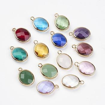 Glass Pendants, with Brass Findings, Faceted, Oval, Golden, Mixed Color, 15.5x10.5x4mm, Hole: 1.5mm