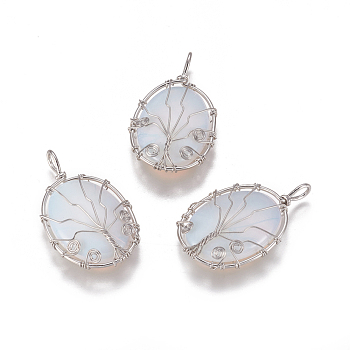 Opalite Pendants, with Brass Findings, Oval with Tree, Platinum, 43.5x26x9mm, Hole: 5.5x4mm