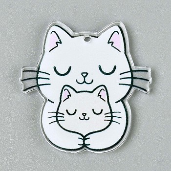 Printed Acrylic Pendants, Cat Shape Charms, White, 39.5x38x2.5mm, Hole: 2mm